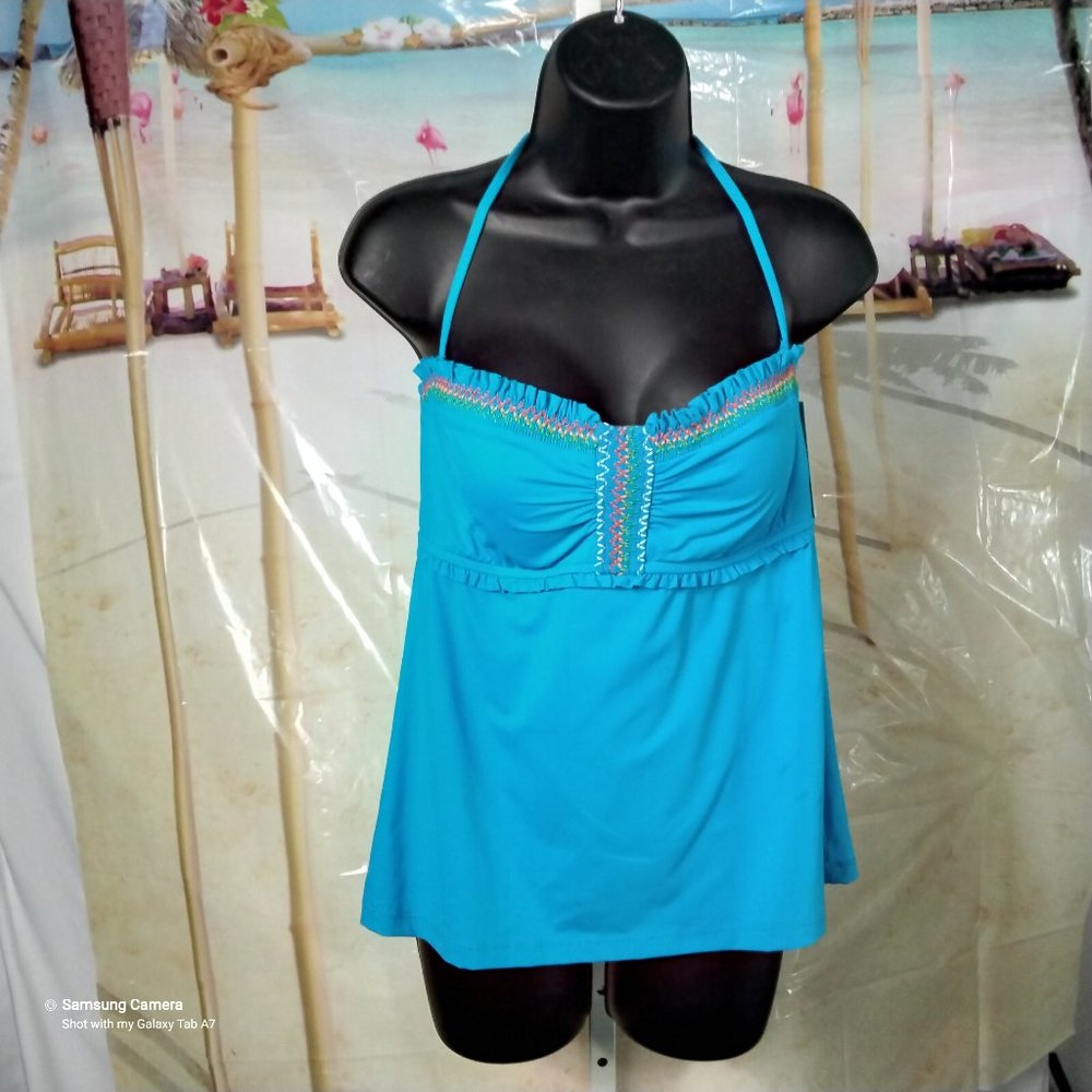 Lucky Brand Blue Embroidered Halter-to-Strapless Empire Tankini Top NWT Med.
